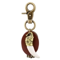 Vintage ivoren hars olifant sleutelhanger met leren riem en bronskleurige karabijnhaak - Antiek Goud