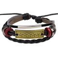 Multilayer braided leather bracelet with golden Greek key plate and red wood beads - Gold