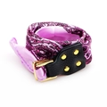 Pink paisley silk fabric scarf with black leather strap and gold metal rivets - Purple