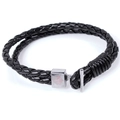 Men's black braided leather bracelet with silver T-bar clasp and engraved fleur-de-lis - Black