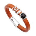 Bracciale in pelle marrone con iniziale M in metallo argento e inserto in pietra nera - Arancione + Pietra di Agata Nera