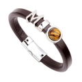 Bracelet en cuir avec pierre d'oeil de tigre et un charm lettre M en métal argenté - Marron + Œil de Tigre