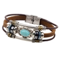 Bracciale multistrato in pelle vintage con pietra turchese e chiusura in acciaio - Marrone