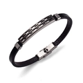 Minimalist black braided leather men's bracelet with dark gray geometric metal ornament - Black