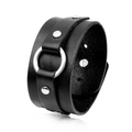 Brede zwarte punk lederen armband met zilveren metalen klinknagels en centrale ring - Zwart