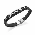 Bracciale classico in pelle nera con cuore in acciaio inossidabile e chiusura pieghevole - Argento