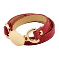 Bracciale da donna a doppio giro in pelle rossa con fibbia circolare in metallo dorato - Rosso
