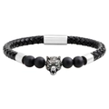 Braided black leather bracelet with silver wolf head and black matte beads - Silver Wolf Head Black Braided Rope Matte Black Bead Style (QNW2450)