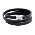Bracciale multistrato da uomo in pelle nera con chiusura magnetica in metallo argento lucido - Nero