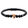 Herren Punk Lederarmband mit Bronze Totenkopf und matten Perlen auf weißem Grund - Schwarz