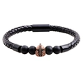 Bracciale in pelle intrecciata da uomo con perle opache e ciondolo elmo spartano - Perle Nero Opaco (Elmo di Bronzo) / Nero