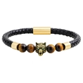 Men's braided black leather bracelet with golden wolf head and tiger eye stone beads - Gold Wolf Head Black Braided Rope Tiger Eye Style (QNW2450)