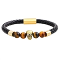 Herren Armband aus geflochtenem Leder mit Totenkopf, Tigerauge-Steinen und Magnetverschluss - Gold