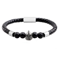 Bracciale da uomo con elmo spartano in pelle intrecciata nera e perline in pietra lavica - Pietra Vulcanica (Elmo d'Argento) / Argento