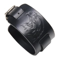 Men's retro wide black leather bracelet with embossed eagle head and silver buckle - Black