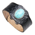 Vintage black leather wide cuff bracelet with embossed pattern and turquoise stone - Black