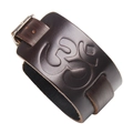 Deep brown wide leather bracelet with embossed Om symbol and metal buckle strap - Brown