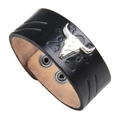 Bracelet punk en cuir noir avec crâne de taureau en métal argenté et motifs tribaux - Noir
