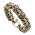 Handmade paracord bracelet in beige and dark green with vintage brass skulls - Jungle Camouflage
