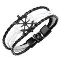 Bracciale multistrato in pelle intrecciata nera con ciondolo a timone in metallo nero - Bianco