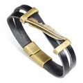 Pulsera de cuero negro de doble capa con dije de pluma de bronce y cierre magnético - Negro