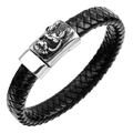 Braided black leather bracelet for men with silver dragon head metal clasp - Black