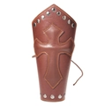 Brown leather arm guard with cross emblem, silver studs and yellow stitching - Brown