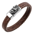 Men's brown braided leather bracelet featuring a silver dragon head metal clasp - Dark Brown