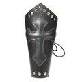 Medieval style black leather wrist guard with cross embossed detail and orange stitching - Black