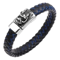Men's retro braided leather bracelet with blue stitching and antique silver dragon head clasp - Black and Blue