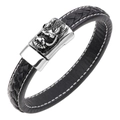 Pulsera para hombre de cuero trenzado negro con cierre de cabeza de dragón plateado - Negro con línea blanca