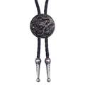 Vintage bolo tie met draakmotief, zwart gevlochten lederen koord en metalen gesp - Antiek Zilver