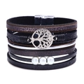 Multilayer leather bracelet with Tree of Life charm and white pearl accents - Tree of Life Style / Black