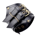 Bracelet manchette large en cuir noir punk rétro avec doubles boucles en bronze et rivets - Noir
