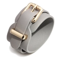 Wide light grey Saffiano leather wrap bracelet with adjustable gold-tone buckle closure - Gray