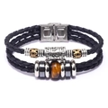 Pulsera multicapa de cuero negro para hombre con piedra ojo de tigre y cierre de acero - Ojo de tigre