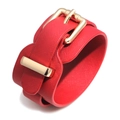 Wide red faux leather bracelet with textured finish and golden buckle closure - Red