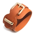 Orange Saffiano leather wide bracelet with polished golden metal buckle closure - Yellow