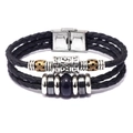 Three-layer braided black leather bracelet with lapis lazuli and stainless steel buckle - Blue Sandstone