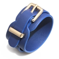 Fashionable dark blue PU leather wide bracelet with gold buckle and cross-grain texture - Blue