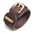 Adjustable brown cross-grain leather wide bracelet with gold buckle closure for women - Brown