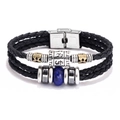 Men's multi-layer black leather bracelet with lapis lazuli bead and stainless steel clasp - Lapis Lazuli