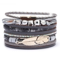 Bracciale multistrato in pelle stile boho con ciondolo a piuma e chiusura magnetica - Grigio