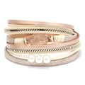 Bracciale multistrato in pelle beige e oro champagne con dettagli in pietra e perle - Beige