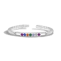 S925 sterling silver open ring with colorful rainbow cubic zirconia and beaded texture - Adjustable Open / Silver (DY121087)