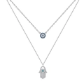 Zweilagige S925 Sterlingsilber Halskette mit Hand der Fatima und bösem Auge Anhänger - 925er Silber / Weißgold
