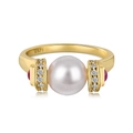 S925 silver pearl ring with 8mm pink-white pearl and red gemstone accents on white background - US 6 / Gold (DY121390-S-G-BO)