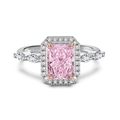 Luxurious S925 sterling silver ring with pink radiant cut stone and halo diamonds - US 5 / Platinum Plated Pink Zirconia