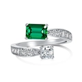 S925 sterling silver bypass ring with emerald cut green gem and clear square stone - Adjustable Open / White Gold