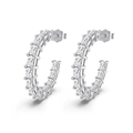 S925 sterling silver C-shaped hoop earrings with square cubic zirconia stones - 925 Silver / White Gold